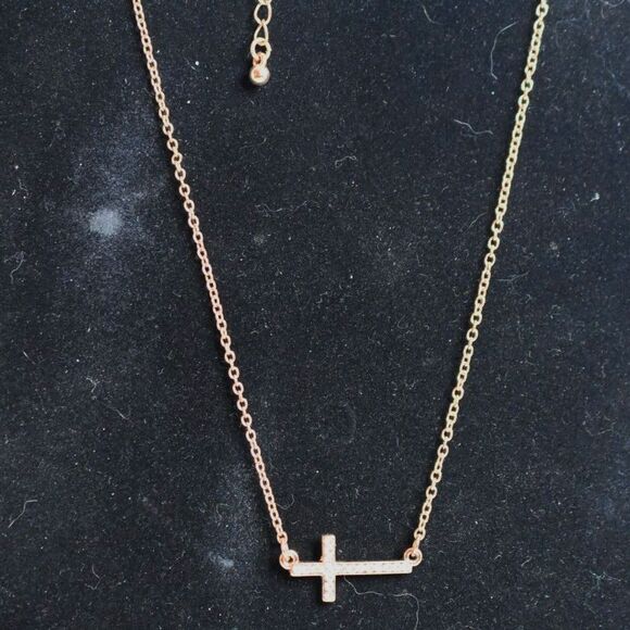 Glittering Rose Gold Rhinestone Accent Sideways Cross Like New Necklace - Picture 2 of 2
